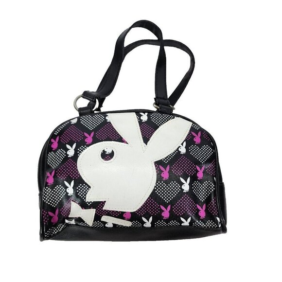 Vtg 90s Playboy BLACK Vinyl Purse Small Bowler Y2K Big White Bunny Logo RARE - Picture 1 of 16
